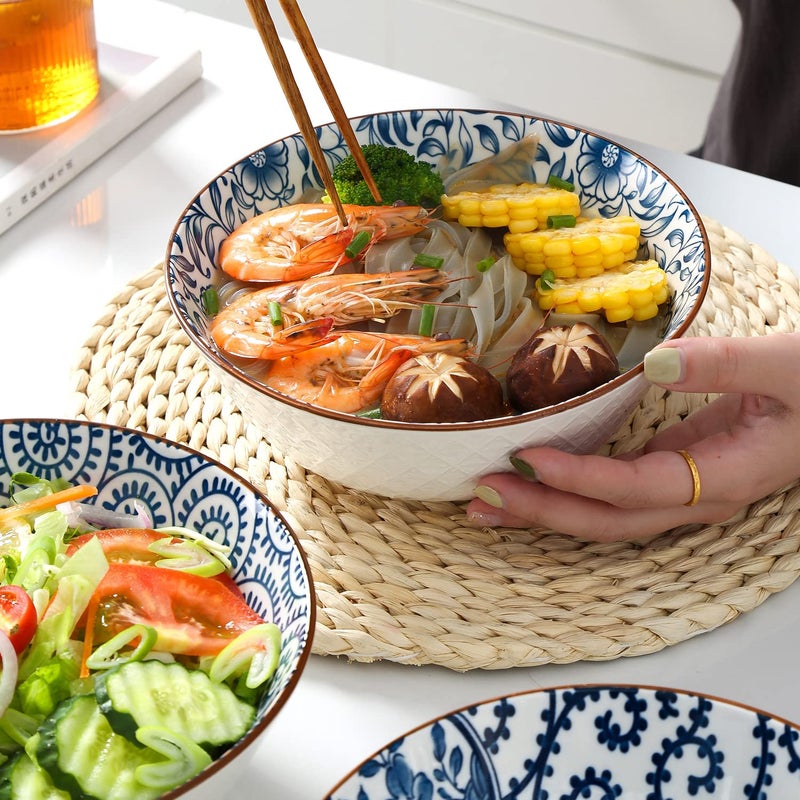 YALONG Ramen Bowls Set of 4, 40 Oz Pho Bowls â€“ 8 Inch Ceramic Large Soup Bowls for Noodles and Udon, Blue and White Japanese Style, Microwave & Dishwasher Safe - Image 5